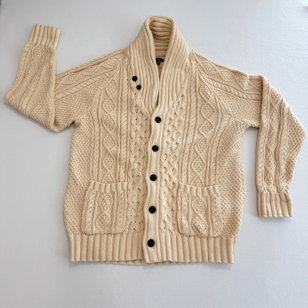 L.L. Bean Signature Cable Knit Shawl Fisherman Cardigan L Cream  Preppy